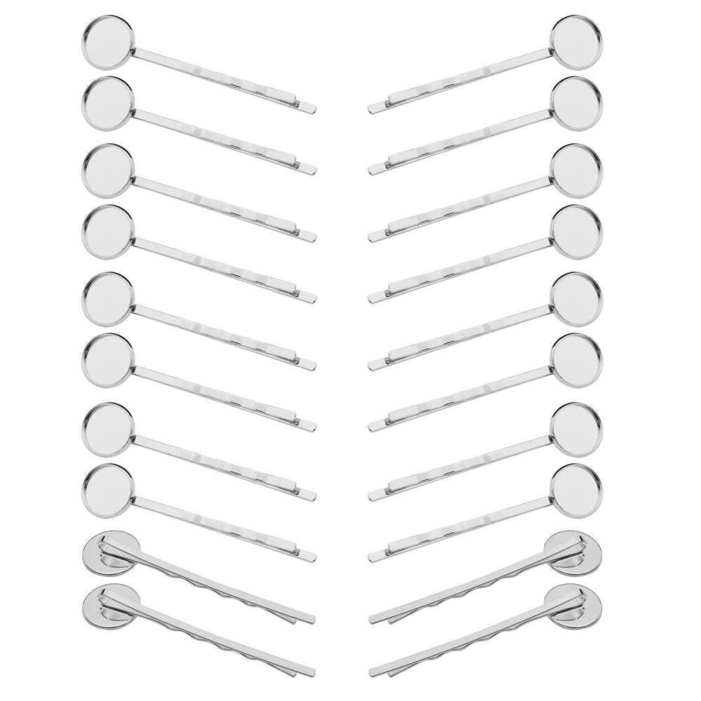 Lasenersm 20 Pieces Metal Bobby Pins Hair Clips with 12mm Round Brass Tray, Silver for DIY Hair Accessories Making