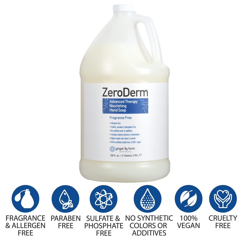 Ginger Lily Farms Botanicals ZeroDerm Advanced Therapy Nourishing Liquid Hand Soap Refill 100% Vegan Cruelty-Free Fragrance-Free, Unscented, 128 Fl Oz