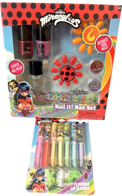 Zag Miraculous Ladybug Nail Polish Set and Lip Gloss Bundle- Includes 3 Nail Polishes, 2 Glitter Pots, 20 Faux Nails and Gemstone Sticker Sheet with 7