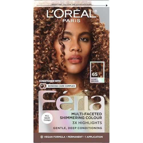 L’Oreal Paris Feria Multi-Faceted Shimmering Permanent Hair Color, High Intensity Hair Dye for 3X Highlights, 65 Honey Brown (Richest Caramel Brown)
