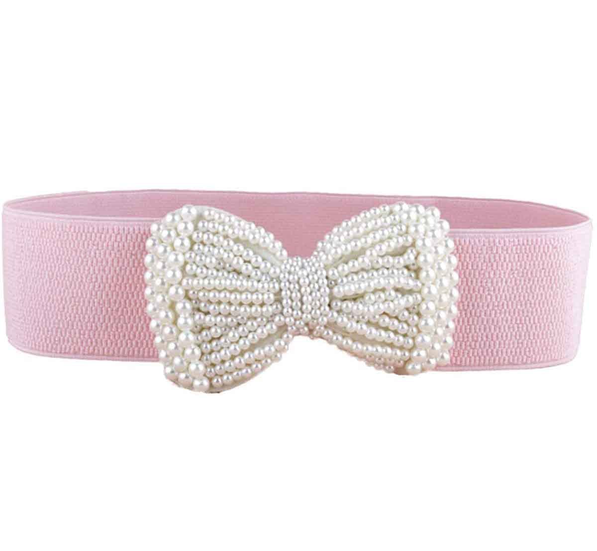 Galsawi Bow Elastic Stretch Belt Cinch Belt Waistband Pearl Wide Waist Belt