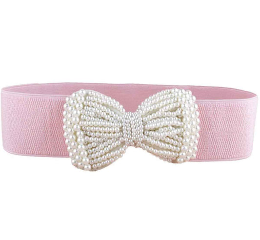 Galsawi Bow Elastic Stretch Belt Cinch Belt Waistband Pearl Wide Waist Belt