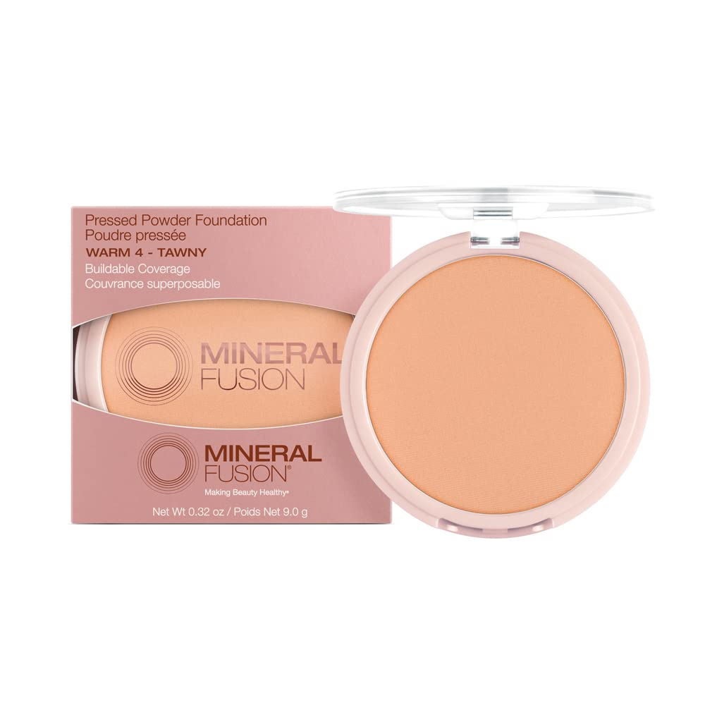 Mineral Fusion Pressed Powder Foundation, Warm 4 - Med/Tan Skin w/Yellowish Undertones, Age Defying Foundation Makeup with Matte Finish, Talc Free