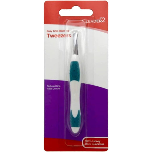 LEADER Tweezers Slant Tip Precision, Easy Grip, Non-Slip Rubber, Stainless Steel, Great Precision for Eyebrows, Facial Hair, Splinter and Ingrown Hair