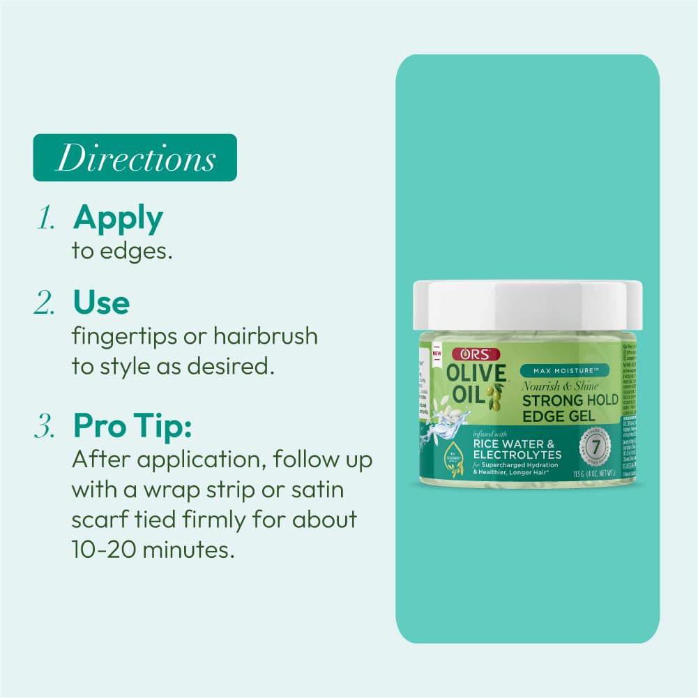 Olive Oil Max Moisture Nourish & Shine Strong Hold Edge Gel with Rice Water & Electrolytes 4 Oz