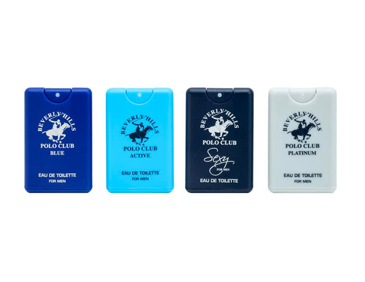 Beverly Hills Polo Club Men's 4-Piece Pocket Spray Set - Active, Sexy, Platinum, Blue EDT Collection Beauty & Personal Care Beverly Hills Polo Club