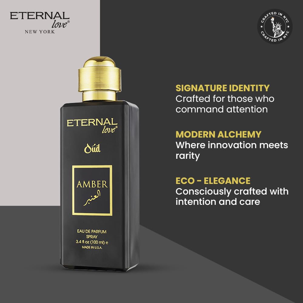 Eternal Love Amber Oud - Long Lasting Unisex Eau de Parfum - Warm Woody Oriental Fragrance with Oud & Amber - Dubai Inspired Arabic Scent - 3.4oz