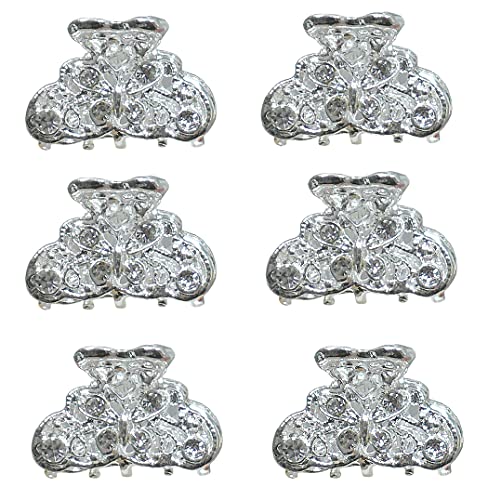 JCGY Set of 6 Mini Hair Claws Silvery White Trim Sparkly White Crystals Bridal Claw Clips 6-1-6
