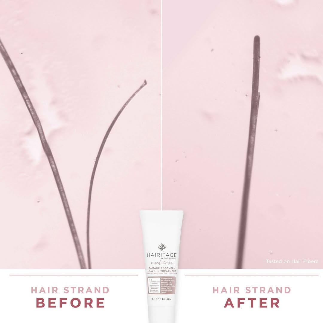 Hairitage Mend To Be Damage Repair Leave In Treatment with Biotin, Castor Oil, + Shea Butter - Refresh Dry Damaged Hair - Smooth Split Ends