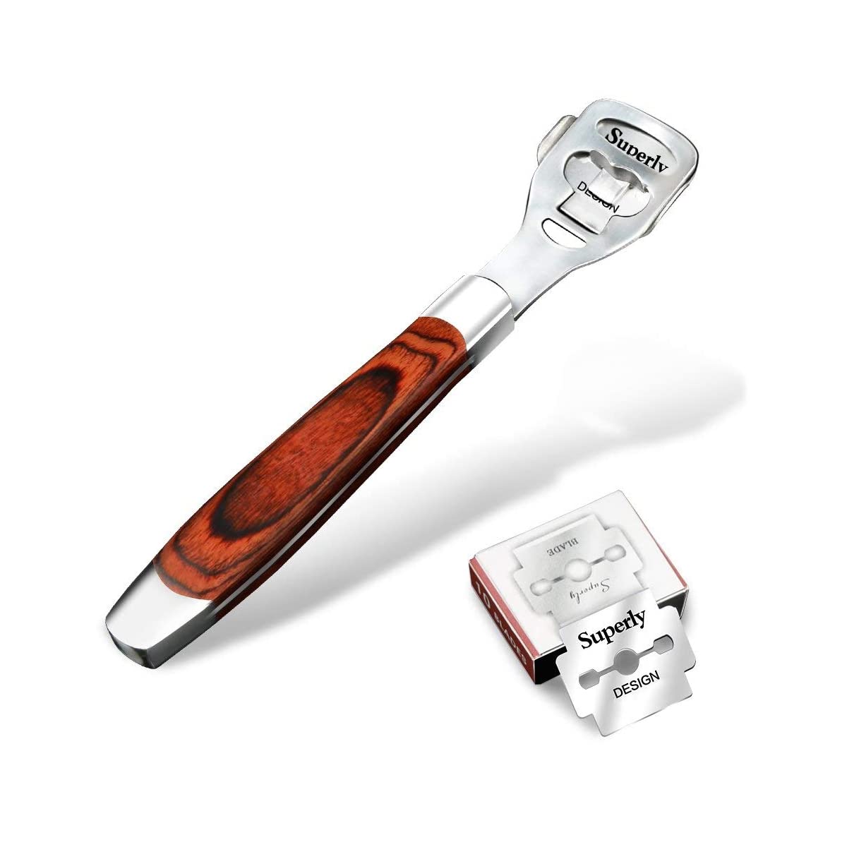BEINY Stainless Steel Callus Shaver Pedicure Dead Hard Skin Remover Heel Razor Wooden Handle Cutter with Skin Rub & 10 Blades for Foot Care, Removing
