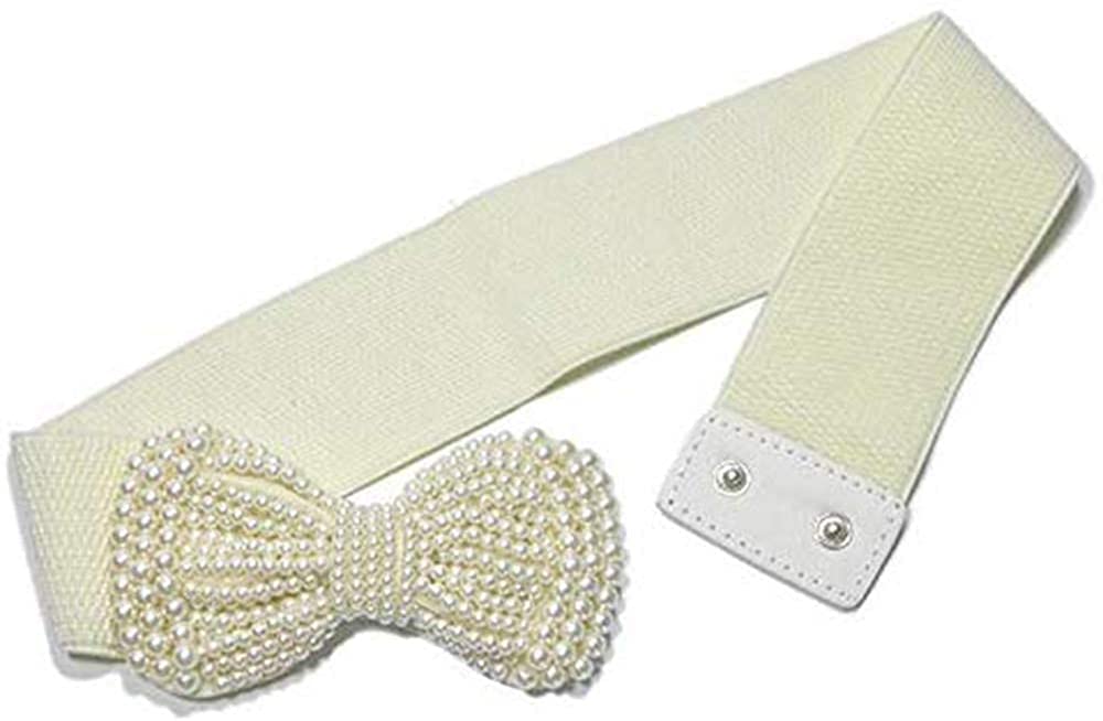 Galsawi Bow Elastic Stretch Belt Cinch Belt Waistband Pearl Wide Waist Belt