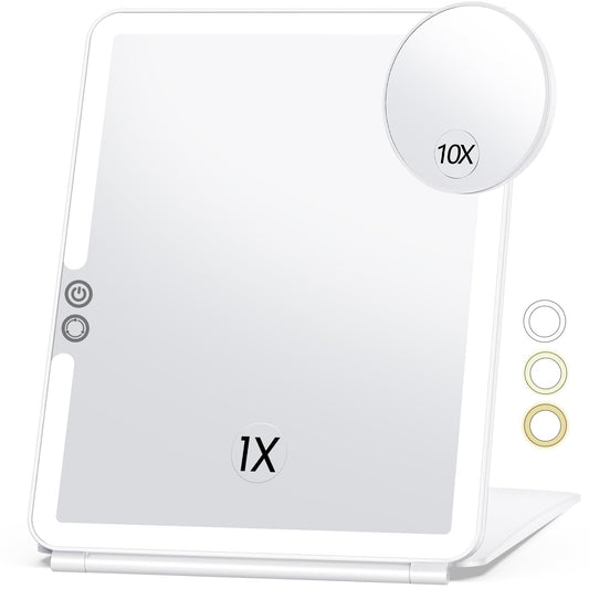 Large Lighted Travel Makeup Mirror – Portable Ultra-Slim Vanity Mirror with 3 Color Lighting & Rechargeable 2000mAh Battery, Travel Essential for Women