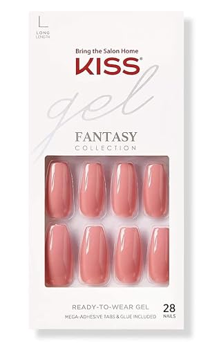Kiss Gel Fantasy Collection Fake Nails Manicure Set, Pink, Long Length, Coffin Shaped, Style 'Urbane', with Mini Nail File, Pink Gel Nail Glue & 28 Beauty & Personal Care KISS
