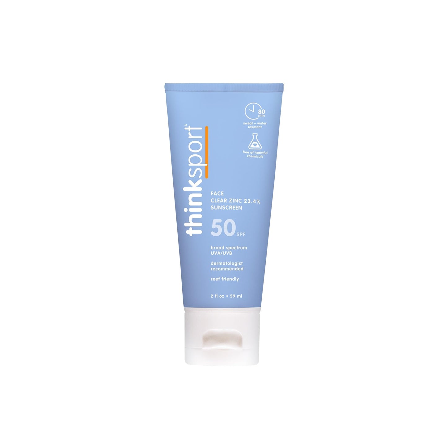 Thinksport SPF 50+ Sunscreen for Face with Clear Zinc Oxide, 2 Fl Oz - Safe, Natural, Water Resistant Face Sunscreen UVA/UVB Sun Protection - Vegan