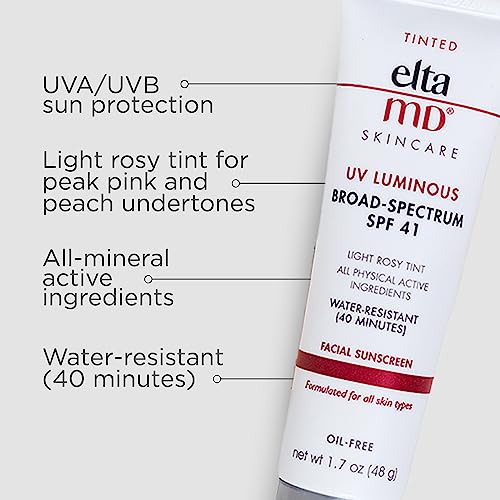 EltaMD UV Luminous Tinted Face Sunscreen and Primer, SPF 41 Rosy Tinted Mineral Sunscreen with Zinc Oxide, 1.7 oz Tube