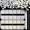 2700 Pcs Flat Back Pearls Kits, 1 Box of Flatback White+1 Box of Beige Small Half Round Pearls with Pickup Pencil and Tweezer for Nail Art Face Makeup