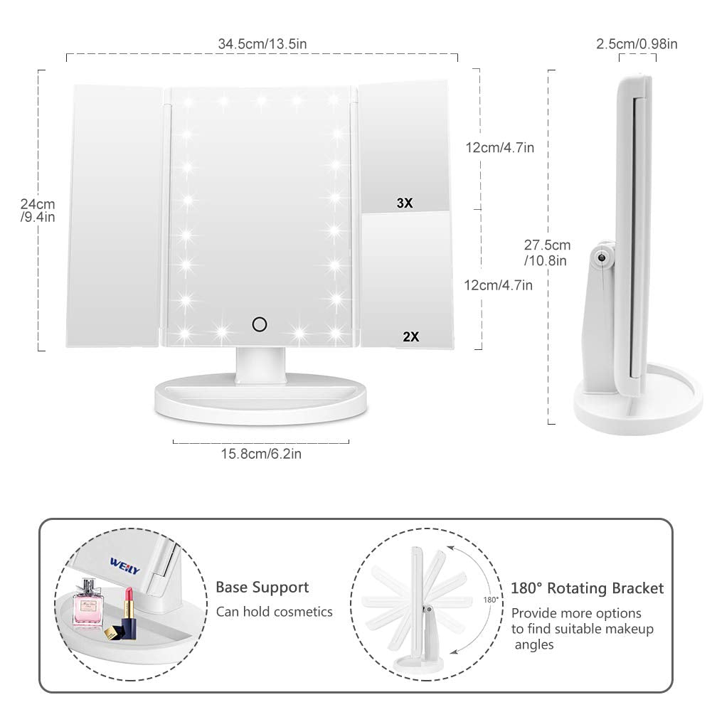 WEILY Makeup Mirror with 21 LED Lights,Two Power Supply Modes, Adjustable Touch Screen and 1x/2x/3x Magnification Tri-Fold Vanity Mirror,Chargeable