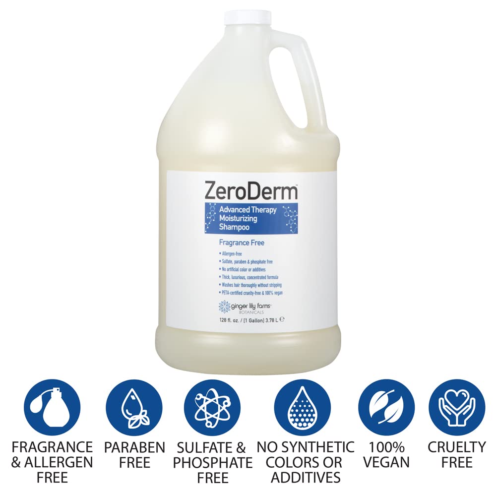 Ginger Lily Farms Botanicals ZeroDerm Advanced Therapy Moisturizing Shampoo for All Hair Types, 100% Vegan & Cruelty-Free, Fragrance Free, 1 Gallon