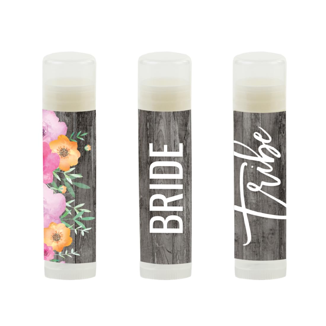 Andaz Press Bridal Shower Bachelorette Party Lip Balm Party Favors, Florals On Gray Rustic Wood, Bride Tribe, Bridesmaid Lip Gloss 12-Pack Lip Balm