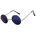 Round Retro Vintage Circle Style Sunglasses Mirorred Blue Lens Silver Metal Frame
