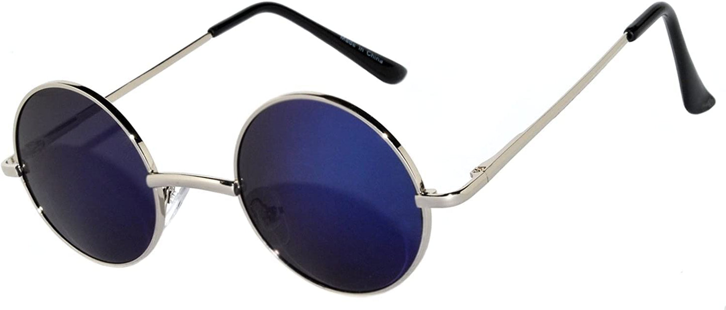 Round Retro Vintage Circle Style Sunglasses Mirorred Blue Lens Silver Metal Frame
