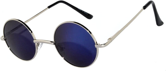 Round Retro Vintage Circle Style Sunglasses Mirorred Blue Lens Silver Metal Frame