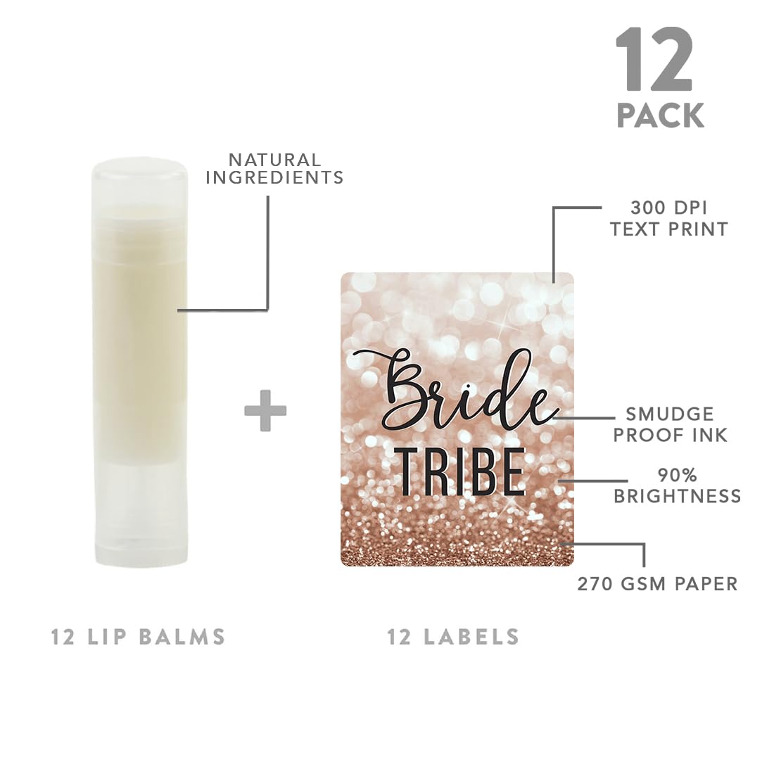 Andaz Press Bridal Shower Bachelorette Party Lip Balm Party Favors Faux Rose Gold Glitter Shimmer, Bride Tribe, Bridesmaid Lip Gloss 12-Pack Bride