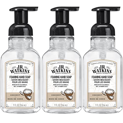 J.R. Watkins Foaming Hand Soap For Bathroom or Kitchen, Scented, Cruelty Free, 9 Fl Oz, Coconut, 3 Pack