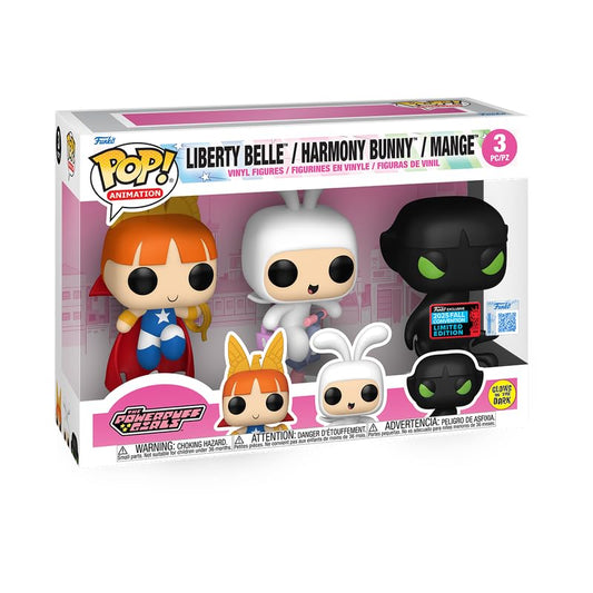 Funko Pop! Animation Powerpuff Girls Liberty Belle, Harmony Bunny, Mange 3-Pack, Glow in Dark Special Edition, 4-5.3 inches