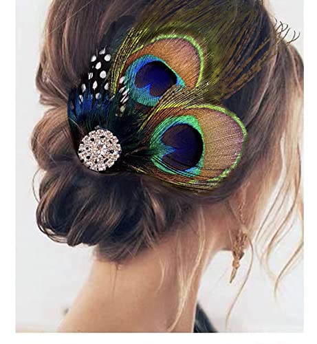 Aliotech Beautiful Butterfly Peacock Feather Hair Clip Pins with Rhinestones,Feather Hair Clip Pin Bridal Wedding Dance Party Hair Accessory