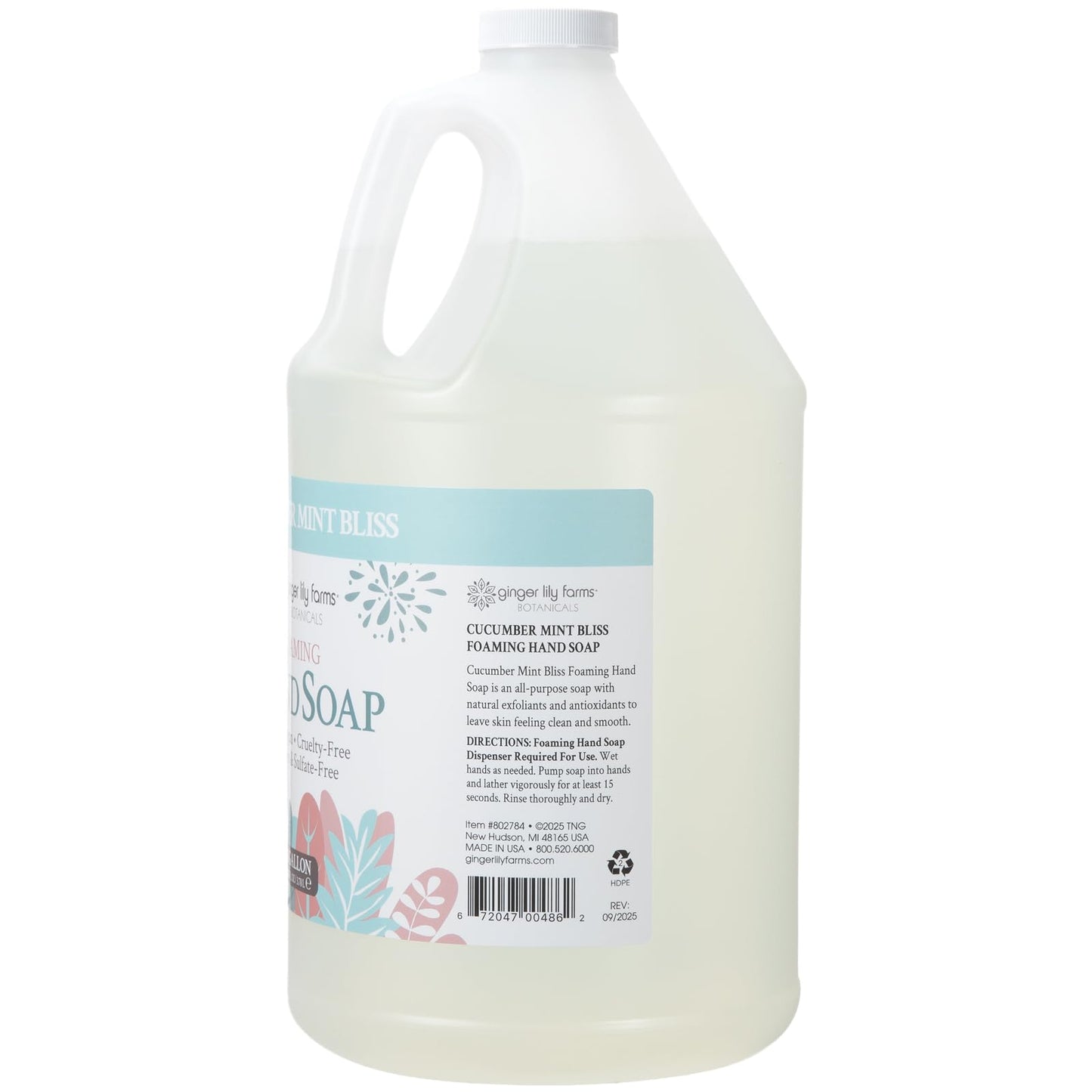 Ginger Lily Farms Botanicals All-Purpose Foaming Hand Soap Refill, 100% Vegan & Cruelty-Free, Cucumber Mint Bliss Scent, 1 Gallon (128 fl oz)