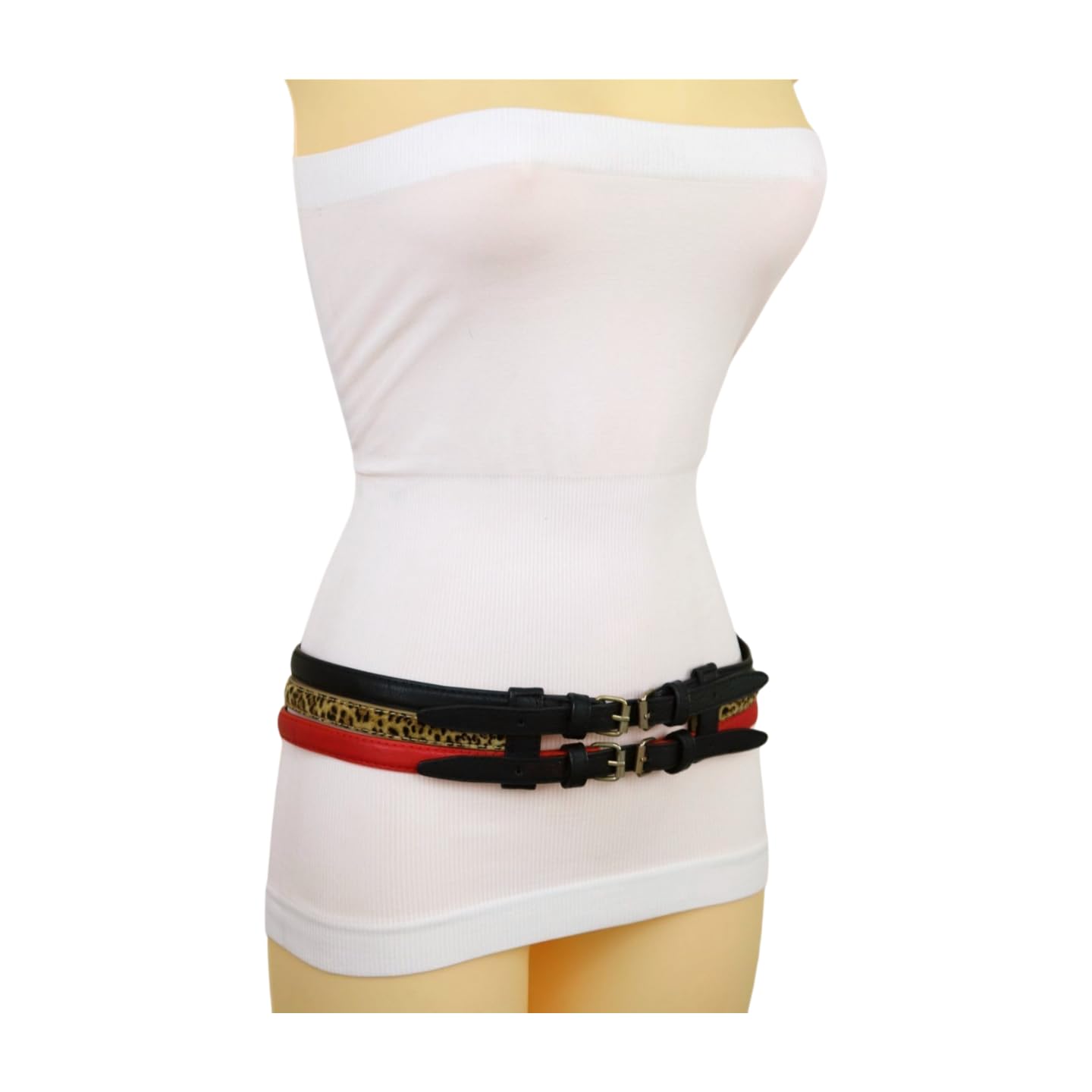 Women 3 Skinny Connected Fashion Belt Hip Waist Black Red Leopard Gold Double Buckles S M z194