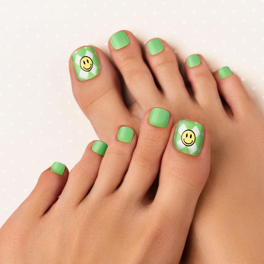 GoldFinger Trendy Press On Fake Toenail Kit Wider Fit, Smile Face Graffiti Print & Green Color, Ready to Wear Gel & Manicure Stick, Mini Glue Beauty & Personal Care Goldfinger