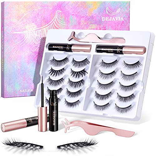 DEJAVIA Magnetic Lashes [10 Pairs], Premium Natural Looking, Reusable Lightweight Wispy Strong Magnetic Eyelashes with Applicator and Tweezers, No