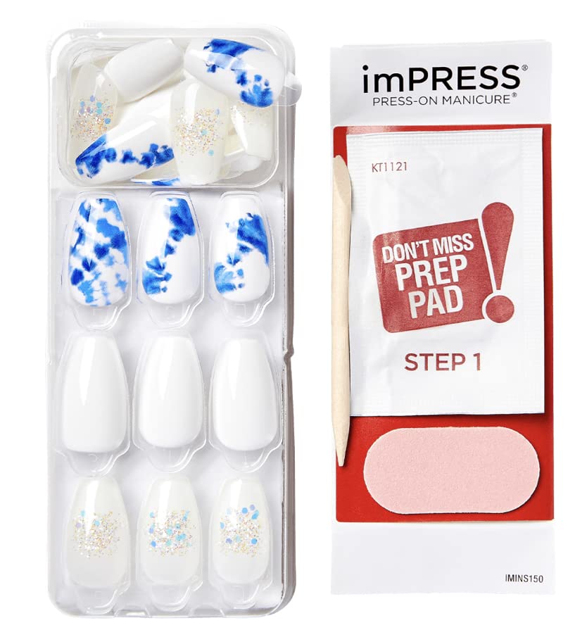 KISS Impress No Glue Mani 30 Pcs Press on Nails, White Nails with Glitter, Blue Tie-Dye Design, Medium Size, Coffin Shape Simple Peel & Press Easy Beauty & Personal Care KISS