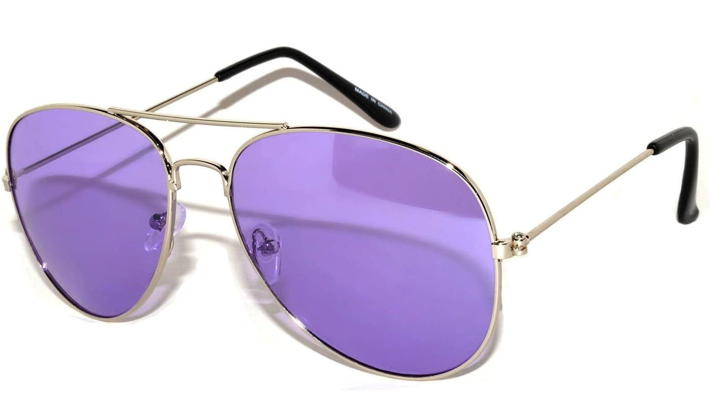 OWL Aviator Pilot Sunglasses for Women and Men Size Medium Silver Frame Purple Tinted Lens Glasses UV400 Protection