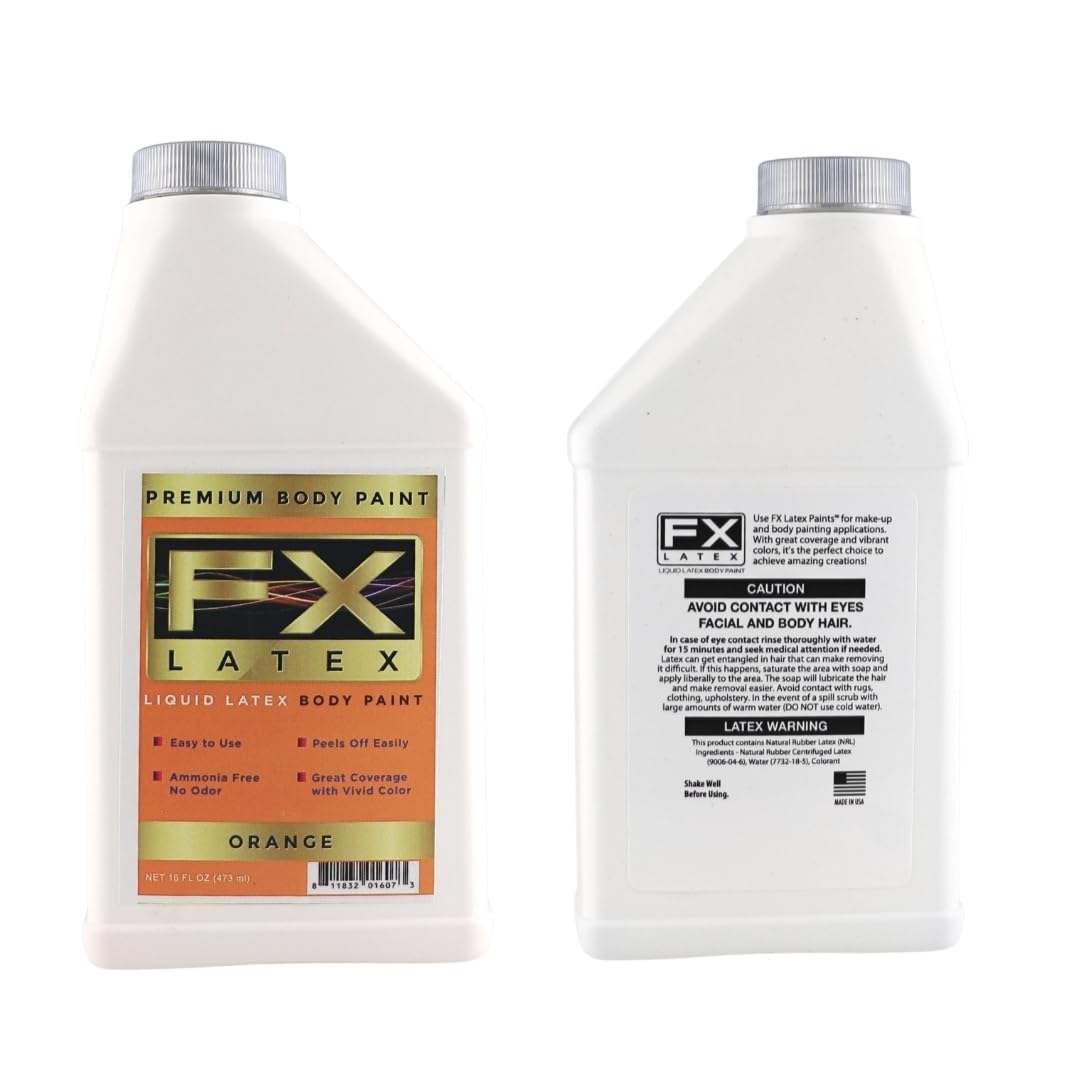 Liquid Latex - Face and Body Paint, Ammonia Free, Easy On and Off, Cosplay Makeup, Create Professional Monster, Zombie Arts 16 Oz (Orange)
