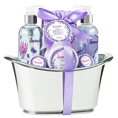 Aromatherapy Essentials Spa Set for Women in Large Silver Tub Bath Set Includes 2 Bath Bombs, Body Lotion, Bath Salts, Shower Gel, and Bubble Bath