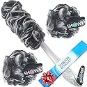 SHOWER BOUQUET Loofah-Charcoal Back-Scrubber & Bath-Sponge Set // 1 Long-Handle-Back-Brush Plus 2 Extra Large 75g Soft Mesh Loofa-Lufa-Loufa Puff