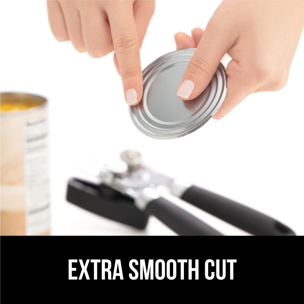GORILLA GRIP Stainless Steel Can Opener – Smooth Edge Manual Opener with Easy-Turn Knob & Ergonomic Handle – Black
