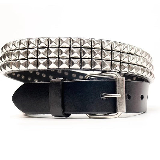 Jassion Vegetable Tanned Cowhide Leather Black Studded Belt- 1 1/4"(3.3cm) - Nickel Pyramid Studs - Punk nail, Goth (XL)