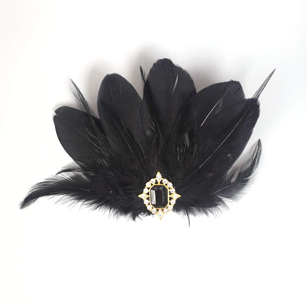 Aimimier 1920s Flapper Black Feather Headpiece Crystal Roaring 20s Feather Hair Clip Masquerade Hair Accessory for Women