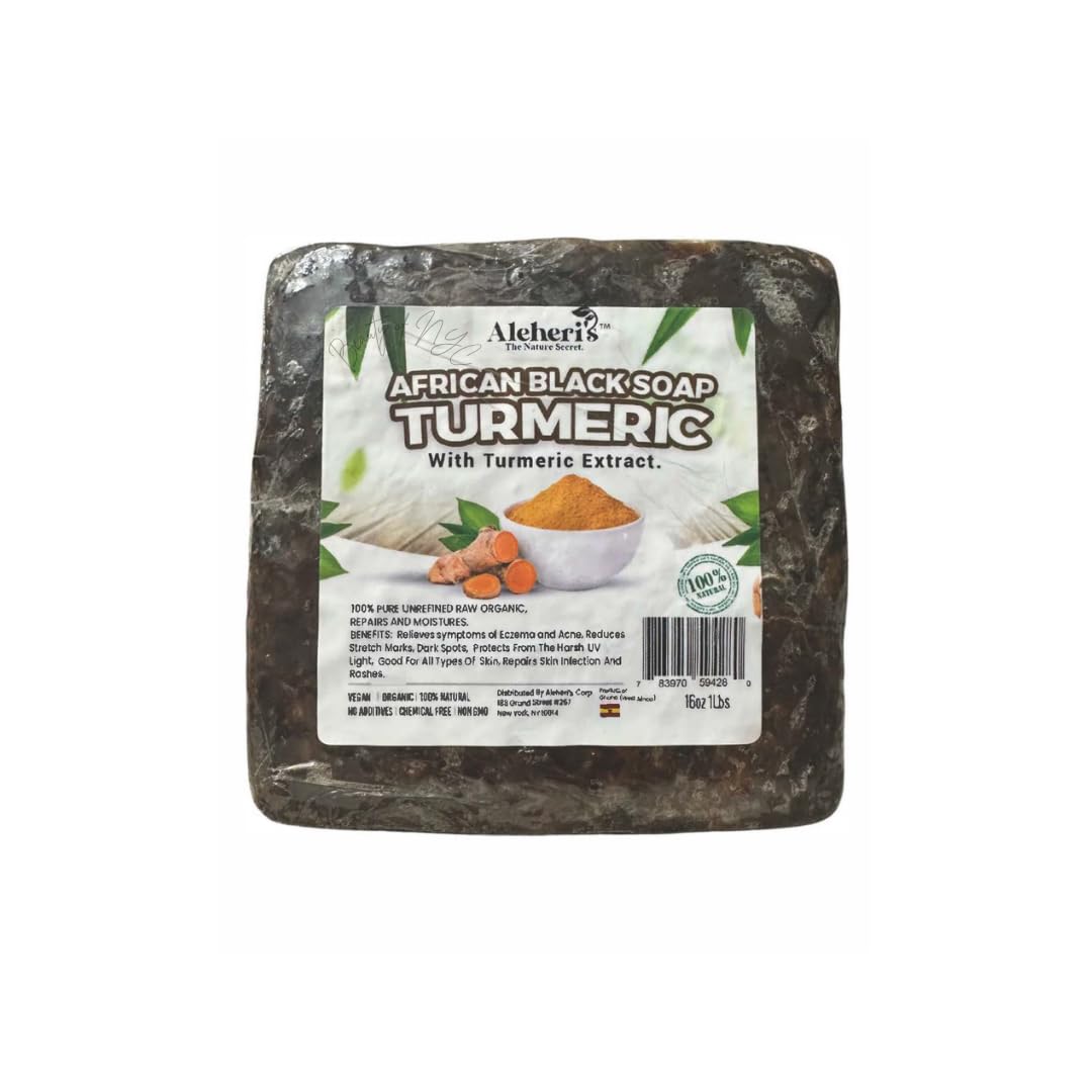 Aleheri's African Black Soap Turmeric 16 oz - 100% All Natural, Raw Ingredients, From Ghana. For All Skin Types, Helps Rejuvenate, Aids Against Dark