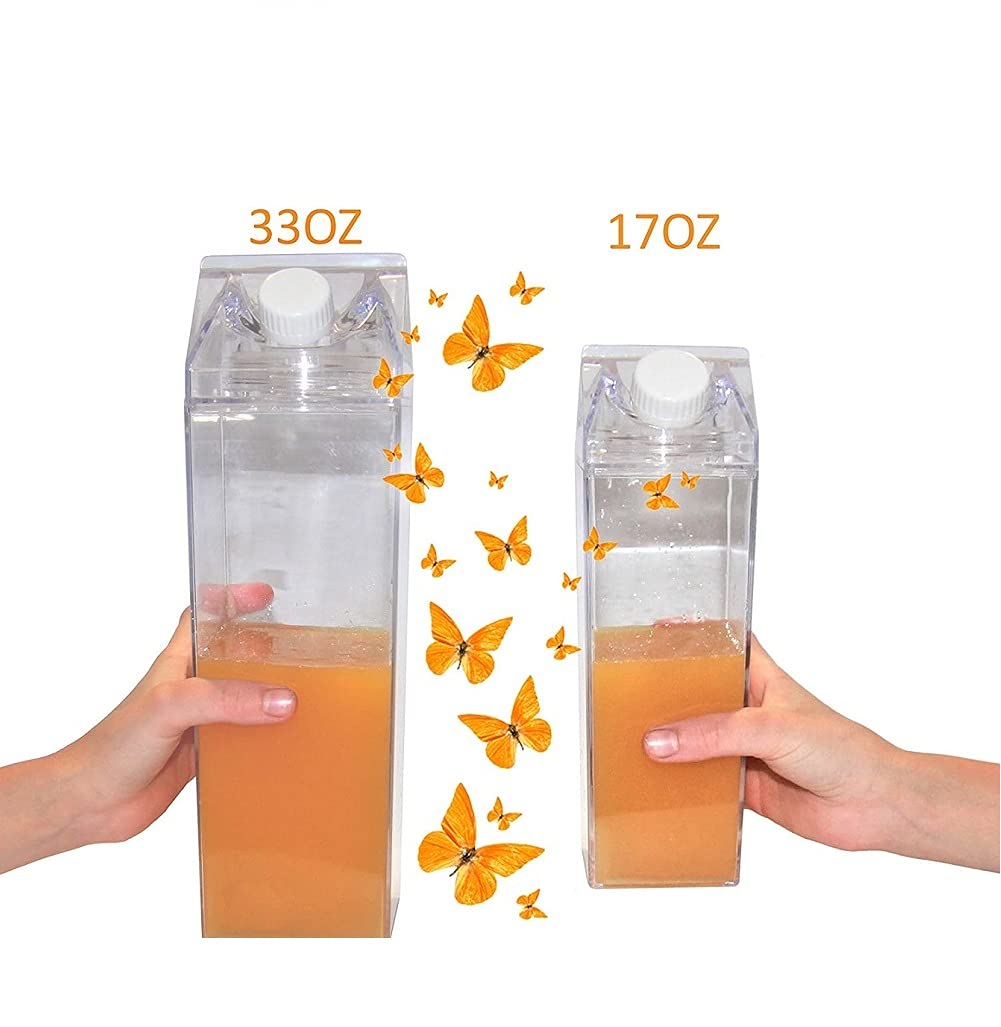 FveBzem Milk Carton Water Bottle 33oz (1000mL) Plastic Square Milk Bottles No BPA Leakproof Water Bottle Portable Reusable Milk Carton Shaped Juice