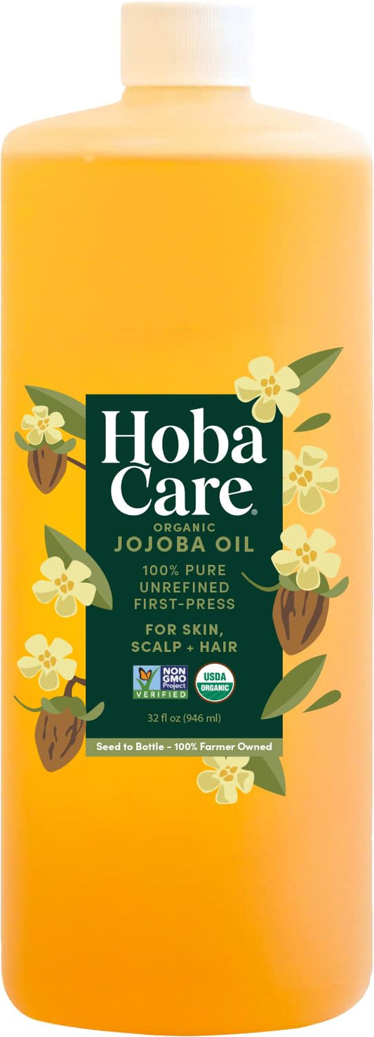 HobaCare Unrefined Organic Jojoba Oil for Skin Care, Hair, Beard, Scalp Massage - 100% Pure Carrier Oil for Perfume or Soap Making - Natural, Vegan Beauty & Personal Care HobaCare