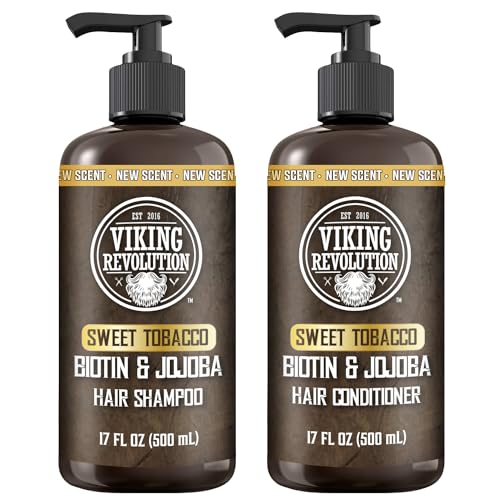 Viking Revolution Sweet Tobacco Mens Shampoo and Conditioner Set with Biotin and Jojoba Oil - Natural Hair Shampoo and Hair Conditioner for Men