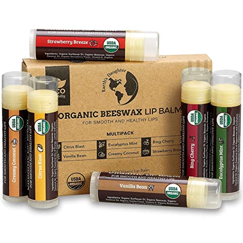 Earth's Daughter USDA Organic Lip Balm 6-Pack - Fruit Flavors, Beeswax, Coconut Oil, Vitamin E - Best Lip Repair Chapstick for Dry Cracked Lips