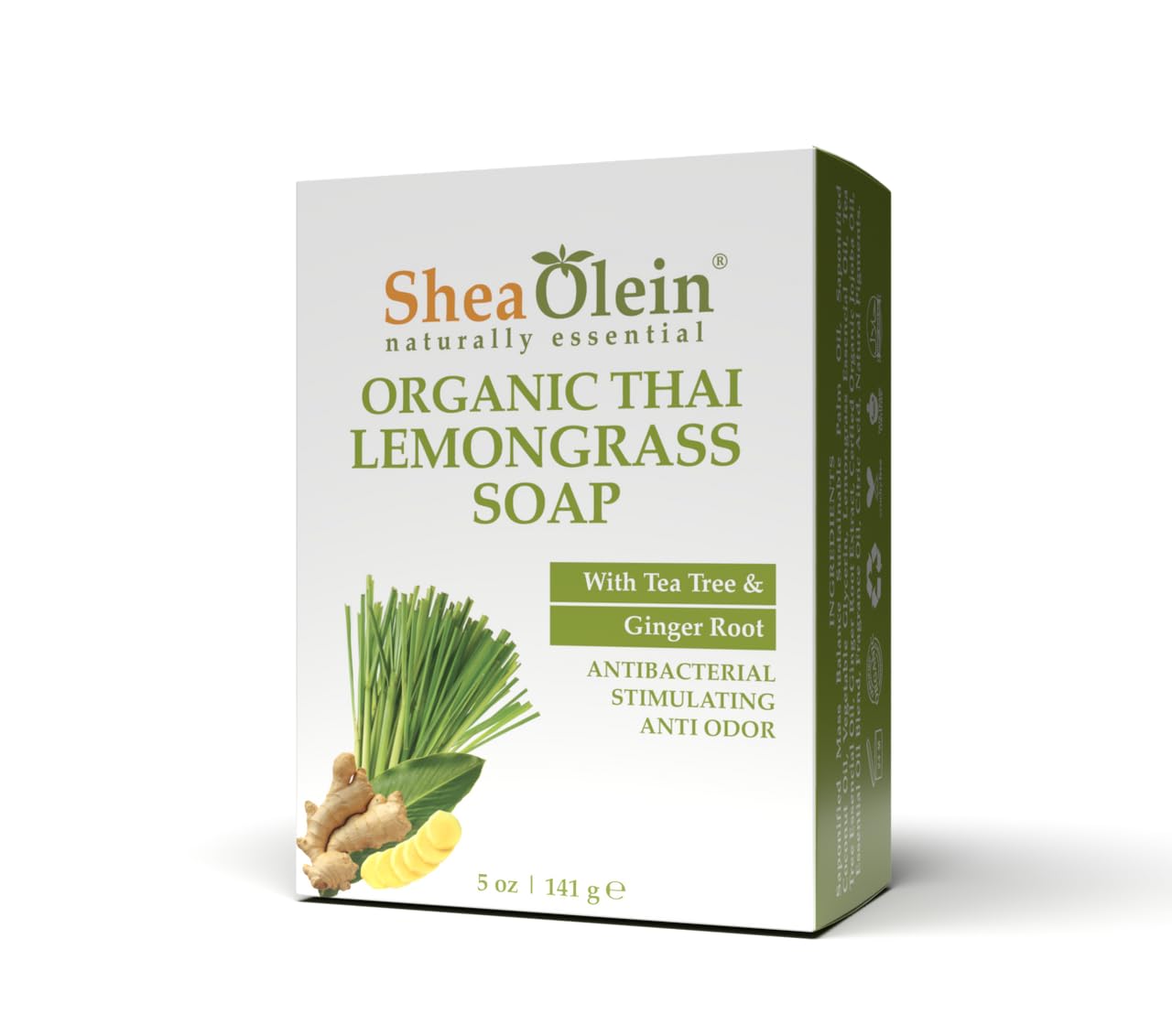 Shea Olein Natural Bar Soap - Organic Thai Lemongrass Soap Bar, Antibacterial & Anti Odor, With Tee Tree & Ginger Root - Refreshing Lemon Bar Soap
