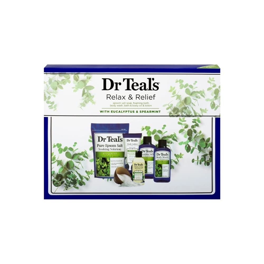 Dr Teal's Eucalyptus & Spearmint Relax & Relief Full Regimen 5-Piece Gift Set (Epsom Salt Soaking Solution, Foaming Bath, Body Wash, Moisturizing Bath