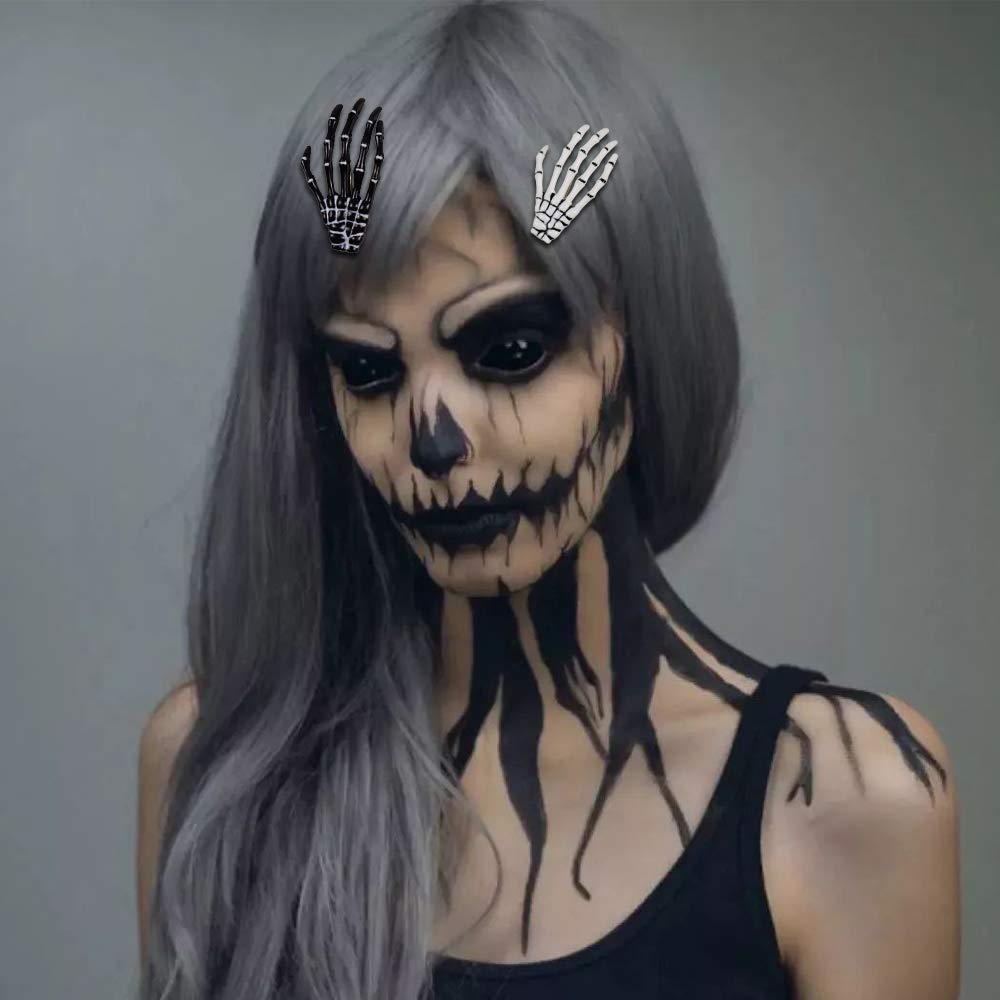 Halloween Skeleton Hands Bone Hair Clips - White and Black (2 Pairs), Punk Rock Horror Hair Clip for Women Girls Hair Accessories